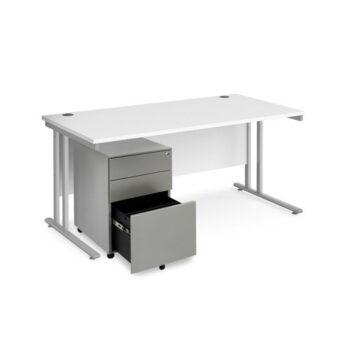 Maestro 25 bundle straight 1600 desk silver leg frame and silver steel ped - White - SBS16WH