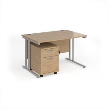 Maestro 25 straight desk 1200mm x 800mm with silver cantilever frame and 2 drawer pedestal - Kendal Oak - SBS212KO