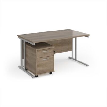 Maestro 25 straight desk 1400mm x 800mm with silver cantilever frame and 2 drawer pedestal - Nebraska Oak - SBS214NO