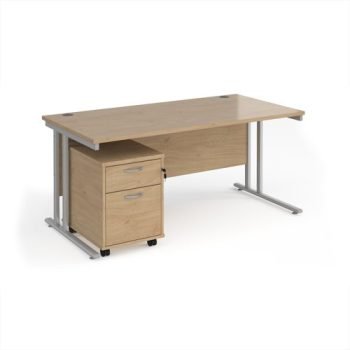 Maestro 25 straight desk 1600mm x 800mm with silver cantilever frame and 2 drawer pedestal - Kendal Oak - SBS216KO