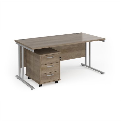 Maestro 25 straight desk 1600mm x 800mm with silver cantilever frame and 3 drawer pedestal - Nebraska Oak - SBS316NO