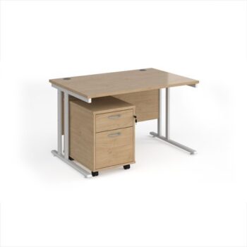 Maestro 25 straight desk 1200mm x 800mm with white cantilever frame and 2 drawer pedestal - Kendal Oak - SBWH212KO
