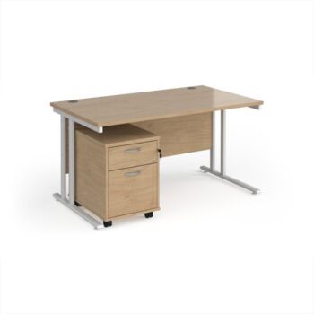 Maestro 25 straight desk 1400mm x 800mm with white cantilever frame and 2 drawer pedestal - Kendal Oak - SBWH214KO