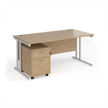 Maestro 25 straight desk 1600mm x 800mm with white cantilever frame and 2 drawer pedestal - Kendal Oak - SBWH216KO