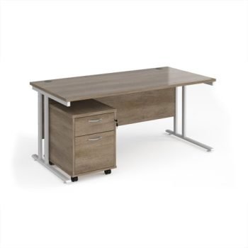 Maestro 25 straight desk 1600mm x 800mm with white cantilever frame and 2 drawer pedestal - Nebraska Oak - SBWH216NO