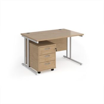 Maestro 25 straight desk 1200mm x 800mm with white cantilever frame and 3 drawer pedestal - Kendal Oak - SBWH312KO