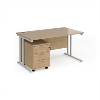 Maestro 25 straight desk 1400mm x 800mm with white cantilever frame and 3 drawer pedestal - Kendal Oak - SBWH314KO