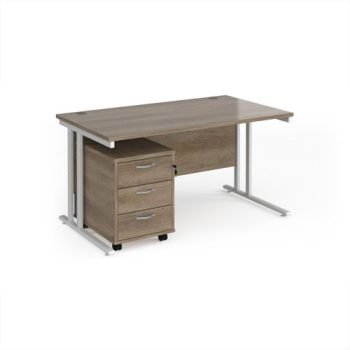 Maestro 25 straight desk 1400mm x 800mm with white cantilever frame and 3 drawer pedestal - Nebraska Oak - SBWH314NO
