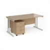 Maestro 25 straight desk 1600mm x 800mm with white cantilever frame and 3 drawer pedestal - Kendal Oak - SBWH316KO