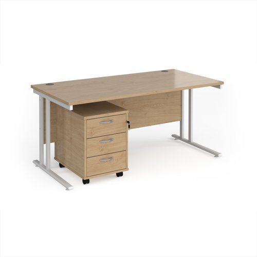 Maestro 25 straight desk 1600mm x 800mm with white cantilever frame and 3 drawer pedestal - Kendal Oak - SBWH316KO