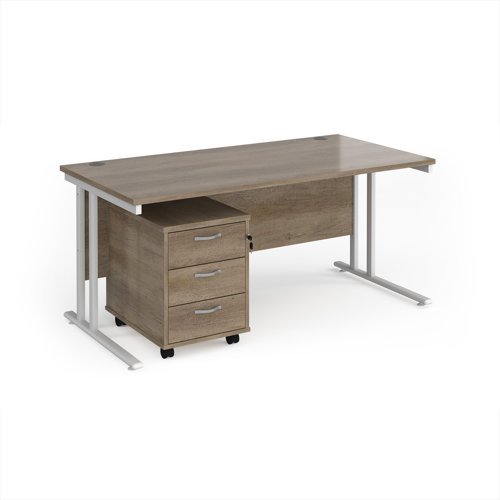 Maestro 25 straight desk 1600mm x 800mm with white cantilever frame and 3 drawer pedestal - Nebraska Oak - SBWH316NO
