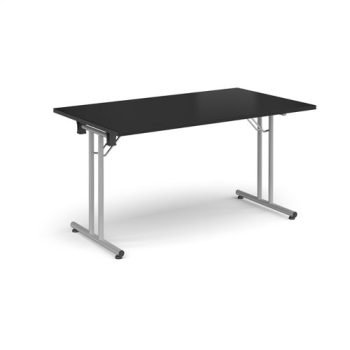 Rectangular folding leg table with silver legs and straight foot rails 1400mm x 800mm - Black - SFL1400-S-BK