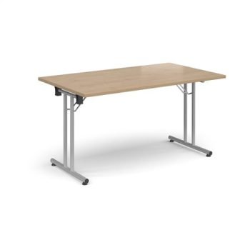 Rectangular folding leg table with silver legs and straight foot rails 1400mm x 800mm - Kendal Oak - SFL1400-S-KO