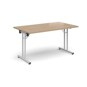 Rectangular folding leg table with white legs and straight foot rails 1400mm x 800mm - Kendal Oak - SFL1400-WH-KO