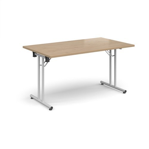 Rectangular folding leg table with white legs and straight foot rails 1400mm x 800mm - Kendal Oak - SFL1400-WH-KO