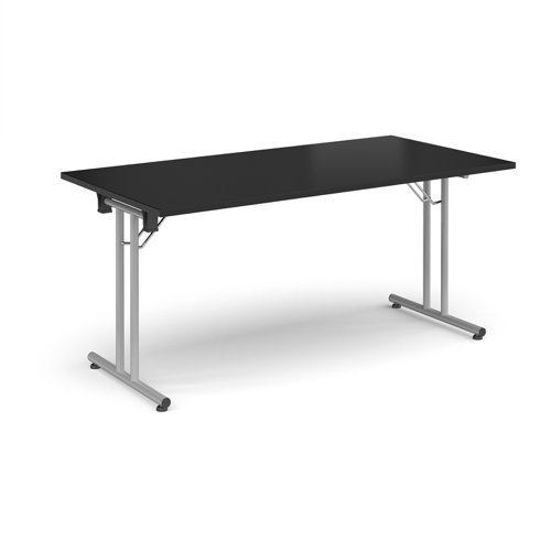 Rectangular folding leg table with silver legs and straight foot rails 1600mm x 800mm - Black - SFL1600-S-BK