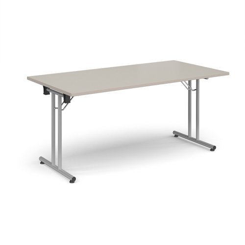 Rectangular folding leg table with silver legs and straight foot rails 1600mm x 800mm - Grey Oak - SFL1600-S-LG