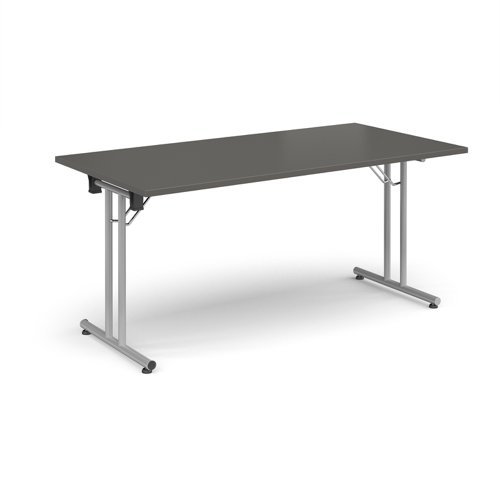 Rectangular folding leg table with silver legs and straight foot rails 1600mm x 800mm - Grey Oak - SFL1600-S-OG
