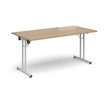 Rectangular folding leg table with white legs and straight foot rails 1600mm x 800mm - Kendal Oak - SFL1600-WH-KO