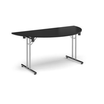 Semi circular folding leg table with chrome legs and straight foot rails 1600mm x 800mm - Black - SFL1600S-C-BK