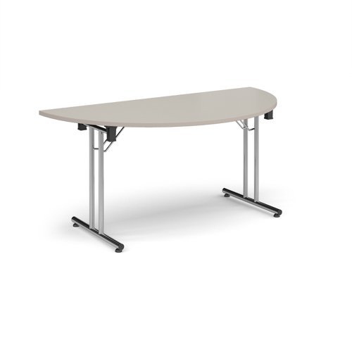 Semi circular folding leg table with chrome legs and straight foot rails 1600mm x 800mm - Light Grey - SFL1600S-C-LG