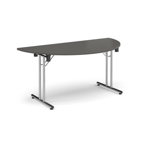 Semi circular folding leg table with chrome legs and straight foot rails 1600mm x 800mm - Onyx Grey - SFL1600S-C-OG