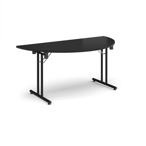 Semi circular folding leg table with black legs and straight foot rails 1600mm x 800mm - Black - SFL1600S-K-BK