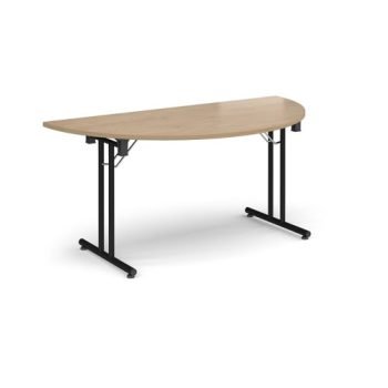 Semi circular folding leg table with black legs and straight foot rails 1600mm x 800mm - Kendal Oak - SFL1600S-K-KO