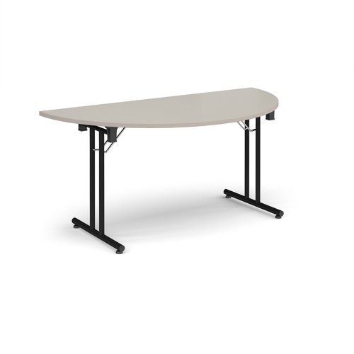 Semi circular folding leg table with black legs and straight foot rails 1600mm x 800mm - Light Grey - SFL1600S-K-LG