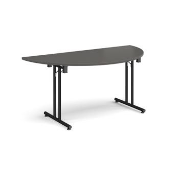 Semi circular folding leg table with black legs and straight foot rails 1600mm x 800mm - Onyx Grey - SFL1600S-K-OG