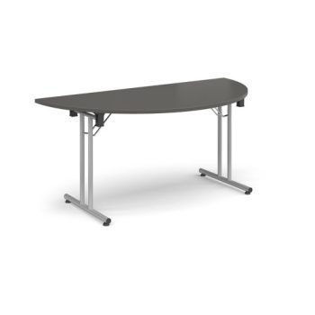 Semi circular folding leg table with silver legs and straight foot rails 1600mm x 800mm - Onyx Grey - SFL1600S-S-OG
