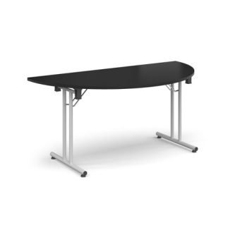 Semi circular folding leg table with white legs and straight foot rails 1600mm x 800mm - Black - SFL1600S-WH-BK