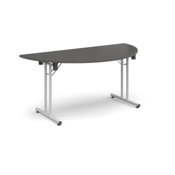 Semi circular folding leg table with white legs and straight foot rails 1600mm x 800mm - Onyx Grey - SFL1600S-WH-OG