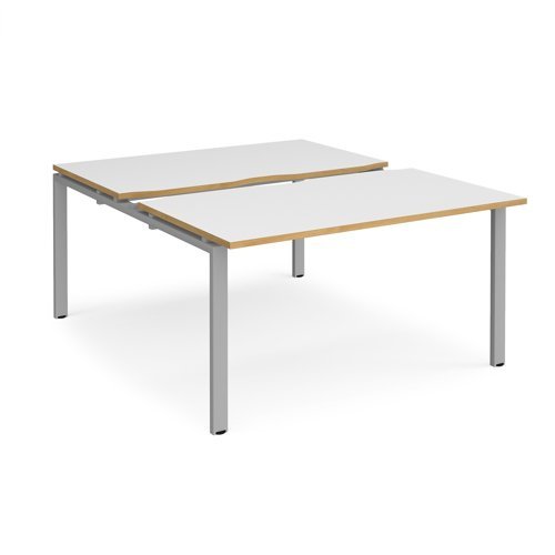 Adapt sliding top back to back desks 1400mm x 1600mm - silver frame White Top with oak edging - STE1416-S-WO