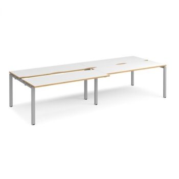 Adapt sliding top double back to back desks 3200mm x 1200mm - silver frame White Top with oak edging - STE3212-S-WO