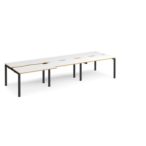 Adapt sliding top triple back to back desks 3600mm x 1200mm - black frame White Top with oak edging - STE3612-K-WO