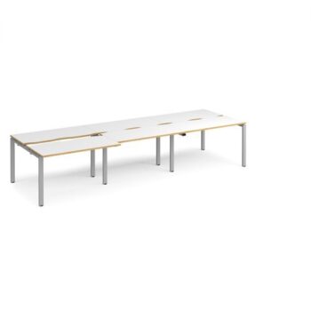 Adapt sliding top triple back to back desks 3600mm x 1200mm - silver frame White Top with oak edging - STE3612-S-WO