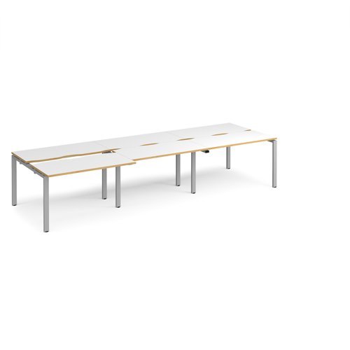 Adapt sliding top triple back to back desks 3600mm x 1200mm - silver frame White Top with oak edging - STE3612-S-WO