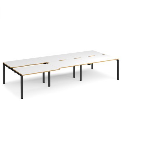 Adapt sliding top triple back to back desks 3600mm x 1600mm - black frame White Top with oak edging - STE3616-K-WO