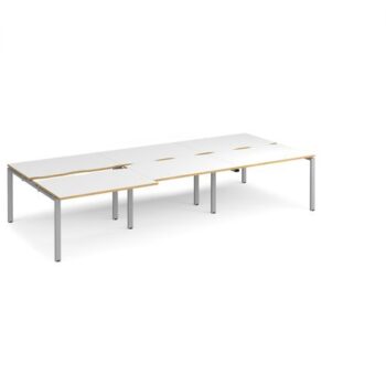 Adapt sliding top triple back to back desks 3600mm x 1600mm - silver frame White Top with oak edging - STE3616-S-WO