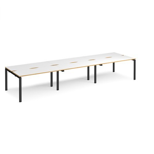 Adapt sliding top triple back to back desks 4200mm x 1200mm - black frame White Top with oak edging - STE4212-K-WO
