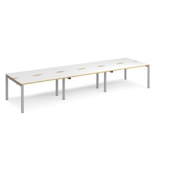 Adapt sliding top triple back to back desks 4200mm x 1200mm - silver frame White Top with oak edging - STE4212-S-WO