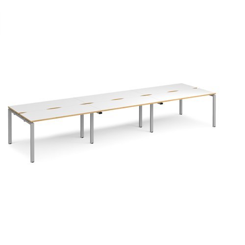 Adapt sliding top triple back to back desks 4200mm x 1200mm - silver frame White Top with oak edging - STE4212-S-WO