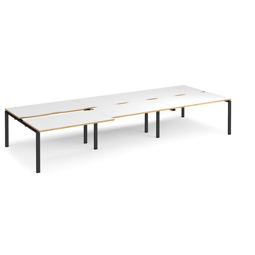 Adapt sliding top triple back to back desks 4200mm x 1600mm - black frame White Top with oak edging - STE4216-K-WO