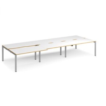 Adapt sliding top triple back to back desks 4200mm x 1600mm - silver frame White Top with oak edging - STE4216-S-WO