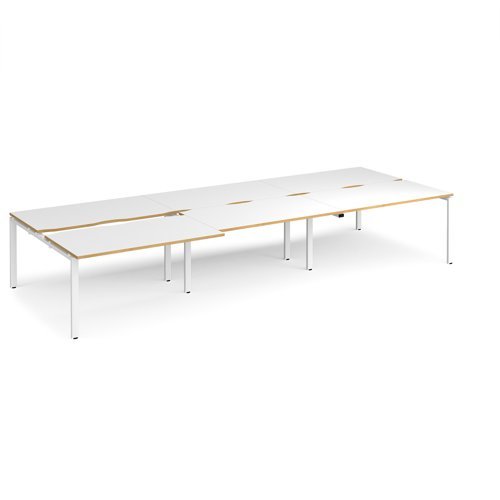 Adapt sliding top triple back to back desks 4200mm x 1600mm - white frame White Top with oak edging - STE4216-WH-WO