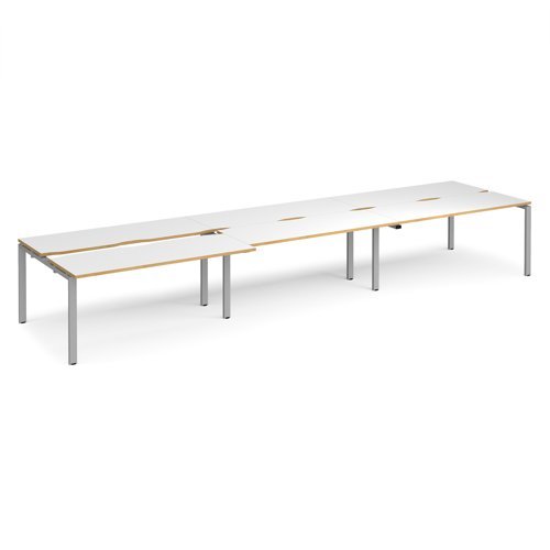 Adapt sliding top triple back to back desks 4800mm x 1200mm - silver frame White Top with oak edging - STE4812-S-WO
