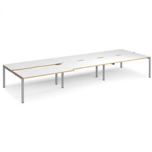 Adapt sliding top triple back to back desks 4800mm x 1600mm - silver frame White Top with oak edging - STE4816-S-WO