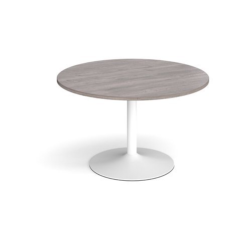 Trumpet base circular boardroom table 1200mm - white base Grey Oak Top - TB12C-WH-GO