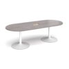 Trumpet base radial end boardroom table 2400mm x 1000mm with central cutout 272mm x 132mm - white base Grey Oak Top - TB24-CO-WH-GO